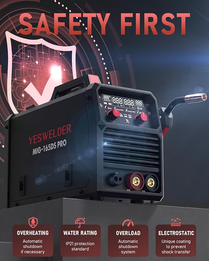 YESWELDER 165A MIG Welder, 110V/220V Dual Voltage, 4 in 1 Gas MIG/Flux Core MIG/Lift TIG/Stick Multiprocess Large LED Digital Display MIG Welding Machine