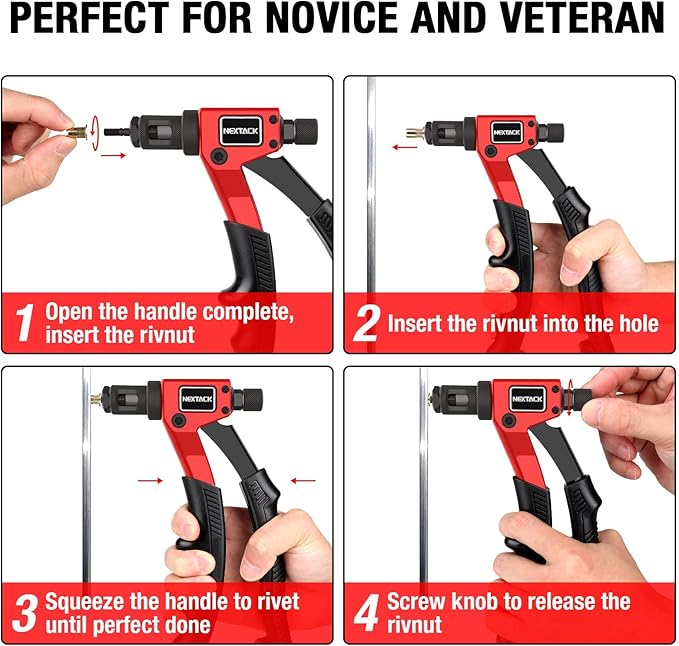 NEXTACK Rivet Nut Tool Kit with Step Drill Bit & 80 Nutserts for Tight Space, 8 Inch Rivnut Tool Set Riveter with 8 Mandrels 6-32 8-32 10-24 1/4-20 M3 M4 M5 M6 in Organized Rugged Carrying Case NT600