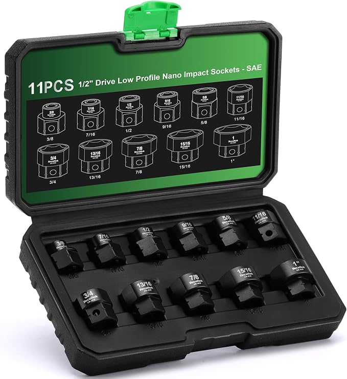 TecoTek 11Pc 1/2" Drive Low Profile Nano Impact Sockets - SAE