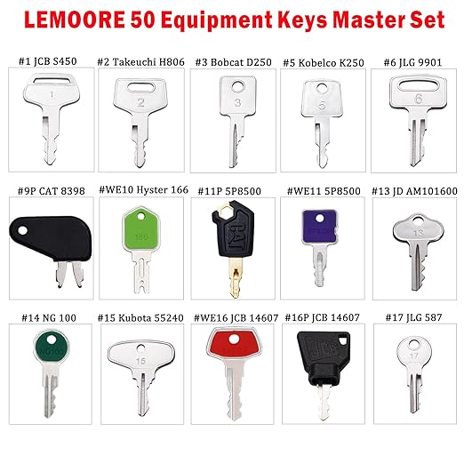 50 Heavy Equipment Keys Master Set, Construction Ignition Key for Cat Caterpillar Case JD John Deere Hyster Komatsu Kubota Yanmar Daewoo Takeuchi Ford New Holland Volvo JCB and More