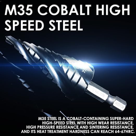 Matework M35 Cobalt Step Drill Bit Set, Four Spiral Flute Unibit Step Drill Bits (1/8"-7/8") Wear-Resistant TiAlN Coated, 1/4" Hex Shank for Metal, Carbon Steel, Stainless Steel, Wood, Plastic (3Pcs)