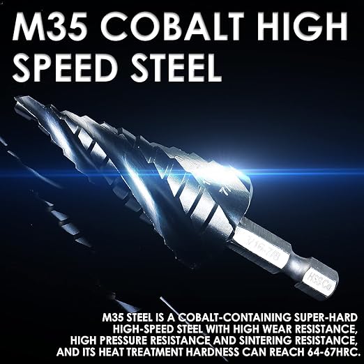 Matework M35 Cobalt Step Drill Bit, Four Spiral Flute Unibit Step Drill Bit (3/16"-7/8") Wear-Resistant TiAlN Coated, 1/4" Hex Shank for Metal, Carbon Steel, Stainless Steel, Wood, Plastic (12 Size)