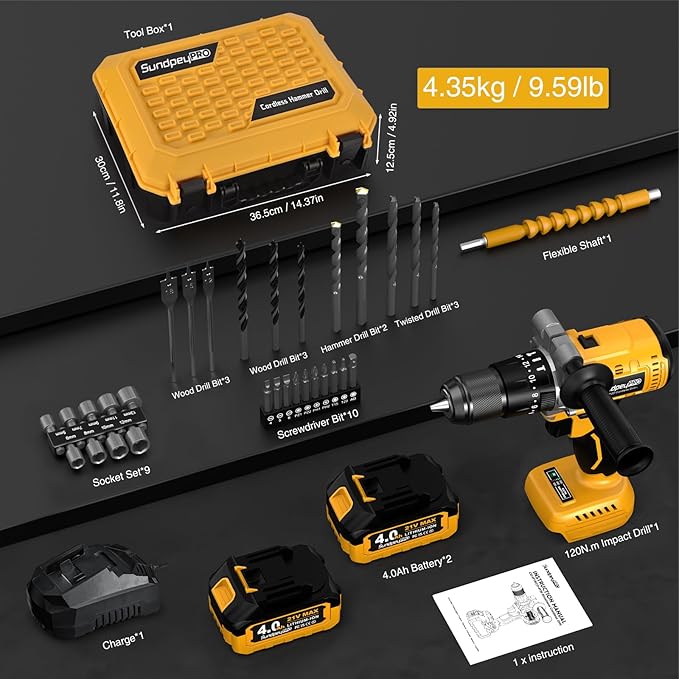 21V Cordless Hammer Drill - 1060In·lbs Brushless Drill Set with 2 x 4.0Ah Battery - 20+3 Torque Battery Drills 2150RPM Power Drills 1/2" Chuck Electric Drill for Drilling Wood Bricks Metal