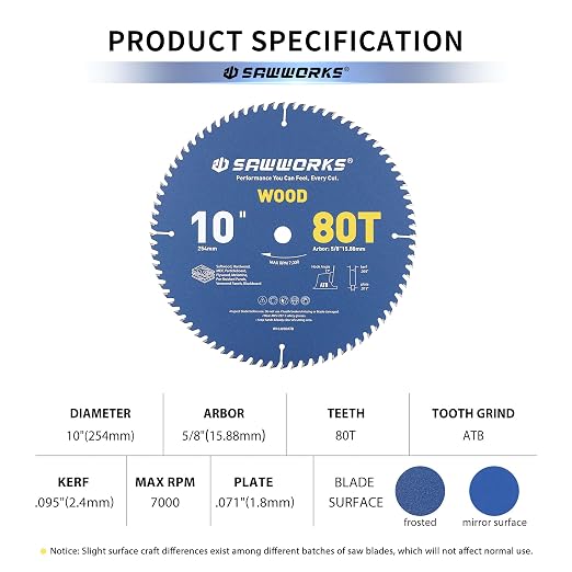 SawWorks 10" 80T ATB Carbide Circular Saw Blade, Precision Finish for Table Saw, for Detailed Woodworking & Custom Furniture, 5/8" Arbor