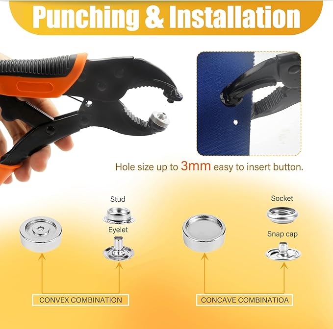 NVAAV 60-Set Snap Fastener Tool Kit, 15mm Metal Snap Buttons + Heavy Duty Pliers for Leather, Boat Cover Snaps, DIY Covers, and Canvas Snap Replacement
