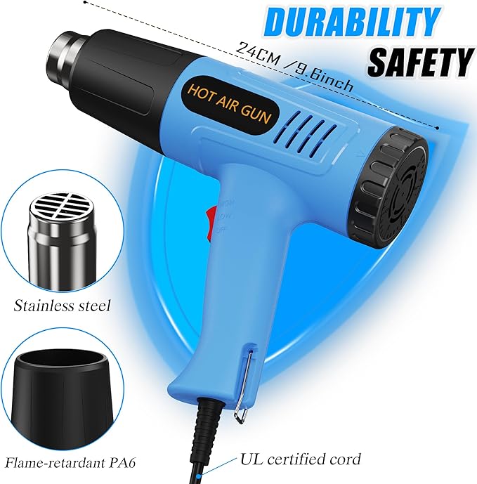 Heat Gun, 572 & 1112°F Temp Ranges, 2-Speed Adjustable, 110V with 4 Nozzles, Overload Protection, 4.9FT Cord, for Crafts and Shrink Wrap (Toolbox Set)