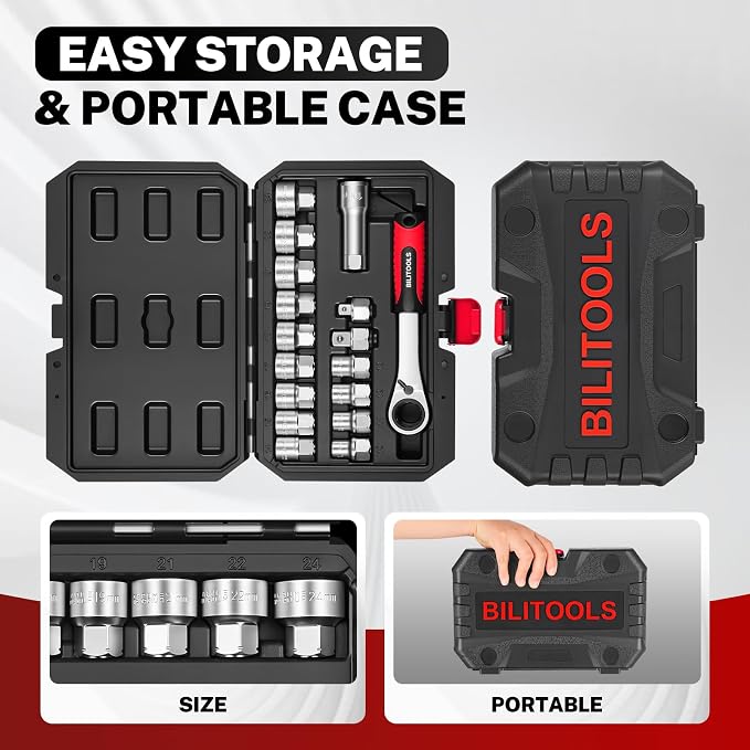 BILITOOLS 17PCS 3/8" & 1/2 Pass Through Socket Set, 2-In-1 Conversion | for Standard Ratchet/Pass-Through Ratchet, Pass Thru, Go Through, Mechanics Tools Set for Hex, Square, E-Torx, Spline