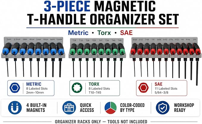 Magnetic T-Handle Hex Key Organizer Rack – Tool Holder for Harbor Freight ICON Style T Handle Wrenches – sae/metric/torx Storage Options (Customize Your Way)