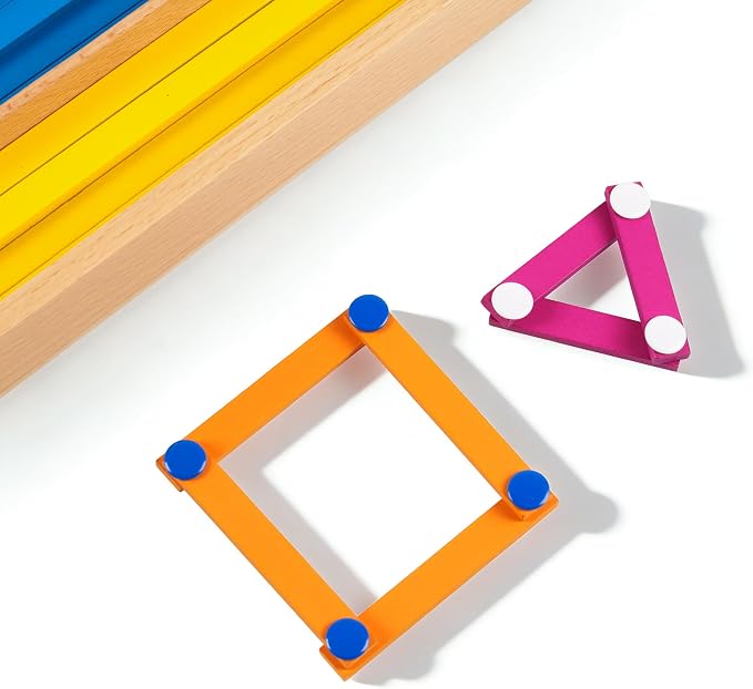 Premium Montessori Geometry Sticks Set 7lbs 23in– Wooden Construction Kit with Cork Workboard, Color-Coded Rods Metal Connectors, Hands-On 2D Shape Building Spatial Reasoning, STEM Homeschool Kids 3-6