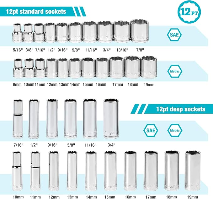 DURATECH 3/8" Drive Socket Set, 40-Piece Metric & SAE Tool Set | Includes 90-Tooth Ratchet Handle and Extension Bar for Auto Repair, Maintenance and DIY Work