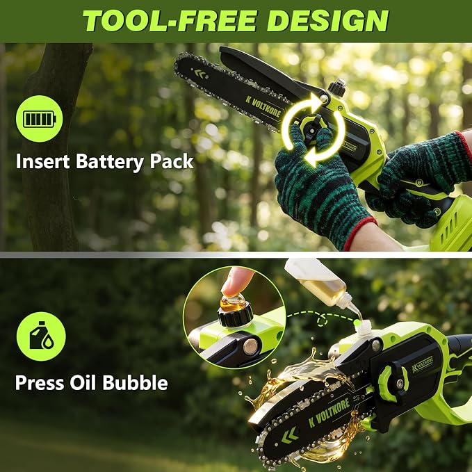 Mini Chainsaw 8 Inch & 6 Inch Bar, Electric Small Chainsaw Battery Powered | 2-Battery & 3-Chain, One Hand Operation, Brushless, Auto Oiler, Lightweight Handheld Chainsaw for Women and Beginners, Green