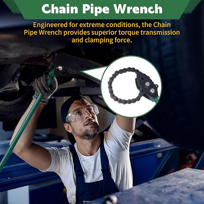 Chain Pipe Wrench, 48" Strap Wrench with 40" Chain Length Max, Fits 3.15"-11" Pipe Diameters, Heavy Duty Chain Tongs for Pipe Installation, Oil Fields Operations and Maintenance (Green)