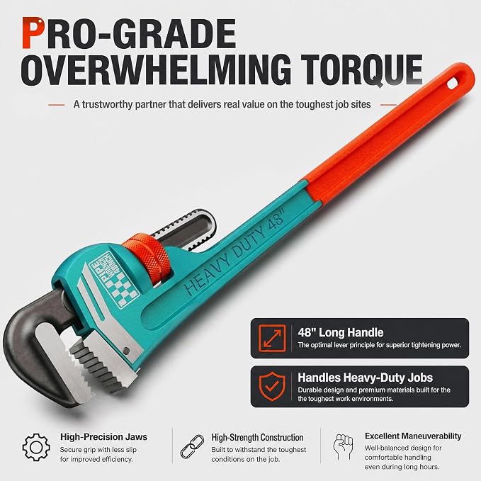 Heavy Duty Pipe Wrench, 48" Adjustable Straight Plumbing Wrench, High Drop-Forged jaws, Professional Pipeline Tool for Water Pipe Fittings, Mechanical assembly, Workshop Operations