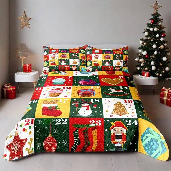 Merry Christmas Patchwork Quilt Set King - Santa Claus Snowman Socks Calendar Checkered Holiday Bedding Set - Soft Microfiber Lightweight Comforter Coverlet Bedspread(Calendar, King(90"x104"))