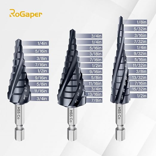 M35 Four Spiral Flute Cobalt Step Drill Bit Set 1/8"-7/8", Industrial Grade Wear-Resistant TiAlN Coated 1/4" Hex Shank Step Bit for Metal, Stainless Steel, Aluminum, Wood, Plastic (3pcs)