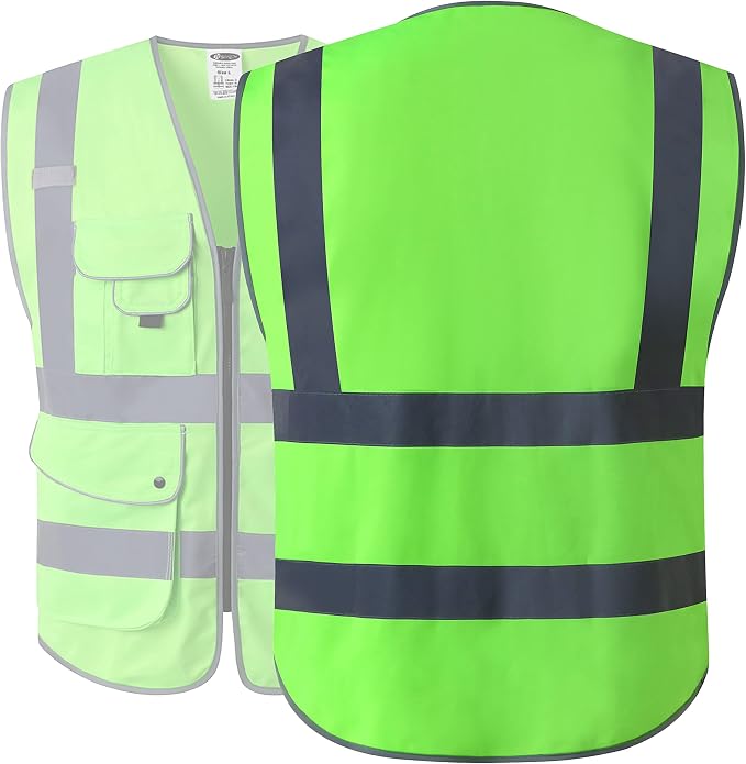 JKSafety 9 Pockets Class 2 High Visibility Zipper Front Safety Vest With Reflective Strips, Meets ANSI/ISEA Standards (150-Green, 5X-Large)