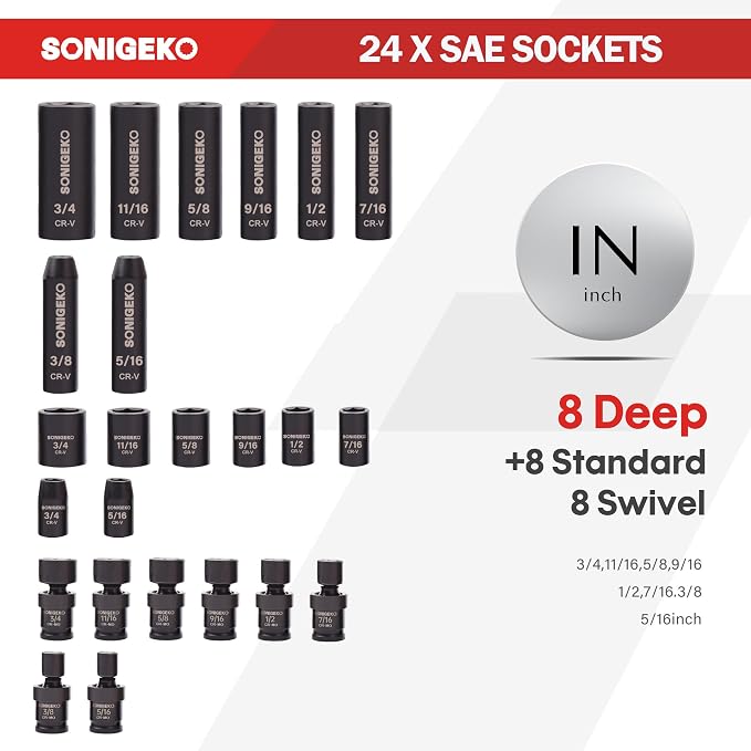 67-Piece 3/8" Drive Impact Socket Set,SAE 5/16"-3/4" & Metric 8-19mm | 6 Point CR-V Steel Sockets,Extension Bars ,20-Piece CR-MO Swivel Sockets, Universal Joint, Ratchet Handle and Adapter