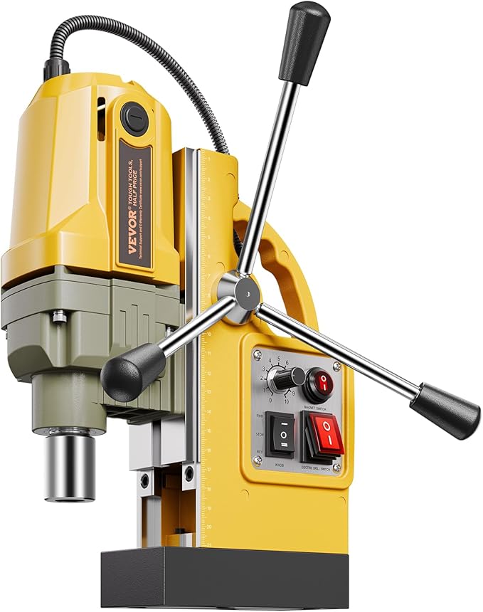 VEVOR Magnetic Drill, 1200W Motor 1.6 in Boring Diameter, 2810 lbf Electric Mag Drill Press, with 2 Coring Bits, Variable Speed, Drilling Machine for Metal Surface, Home Improvement Industry, Yellow