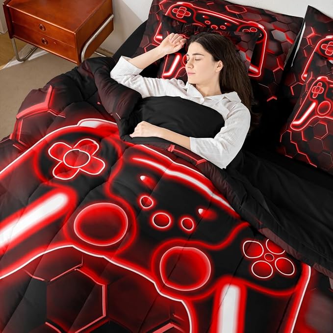 Gaming Twin Comforter Set with Sheets, Neon Honeycomb Gamer 7-Piece Bedding Set Video Game Consoles Bed in a Bag, Red Hexagon Lights Room Decor,Kids Bedroom Decor