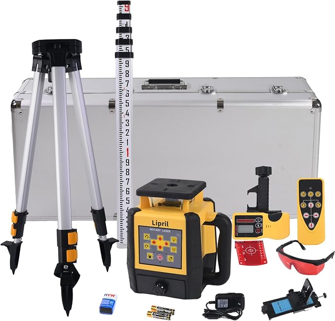 Rotary Laser Level Kit, ±1/16" @100' Accuracy, 2296FT Work Range, IP66 Self-Leveling Construction Laser Transit with Tripod & Grade Rod, Swappable Battery System for Construction Job, Red Bean