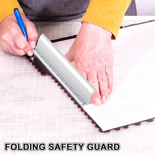 Tellegloww 1 Pcs 12 Inch Aluminum Cutting Safety Ruler with Non Slip Base Finger Guard Edge, Dual-Scale (Inch and Metric), Light Craft, Use with Rotary Cutter for Paper, Leather, Fabric