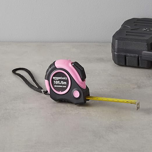Amazon Basics Retractable Tape Measure with Metric and SAE Measurements, 16ft/5m, Belt Clip, Readable, Pink
