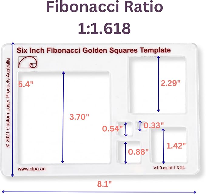 Fibonacci 6" Square Drawing Template, Golden Ratio Stencil | Australian Designed and Made; Geometric Stencil for Art; Drafting and Quilting; PETG
