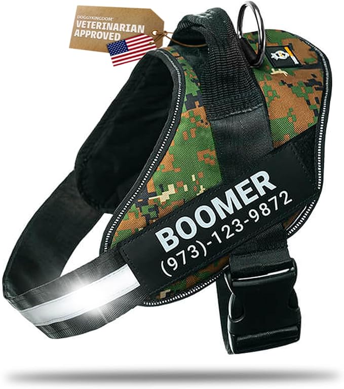 Personalized Dog Harness with Custom Name Patches, Adjustable Reflective No Choke Dog Vest with Handle for Extra Large Dog, Military Green, XL