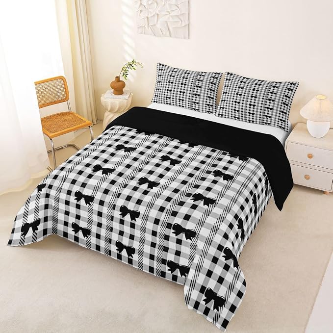 Feelyou Bow Checkered Comforter Set King Size Chic Grid Bowknot Bedding Set for Kids Boys Girls Girly Black Duvet Quilt Bedroom Decor Microfiber 3 Pcs with 2 Pillow Cases