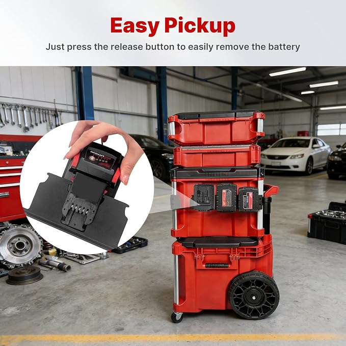 4-Slot Battery Holder Compatible with Milwaukee M18 Battery | Side Mount Storage with Rail Clips, Battery Secure Storage & Easy Access, Fits Packout Toolbox Organizer System