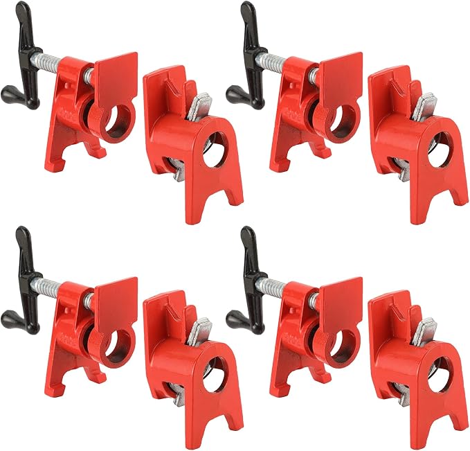 3/4" Wood Gluing Pipe Clamp Set with Unique Foot Design Red Heavy Duty Bar Clamps Cast Iron Quick Release Pipe Clamp Tools for Woodworking (4pc, 3/4" with foot)