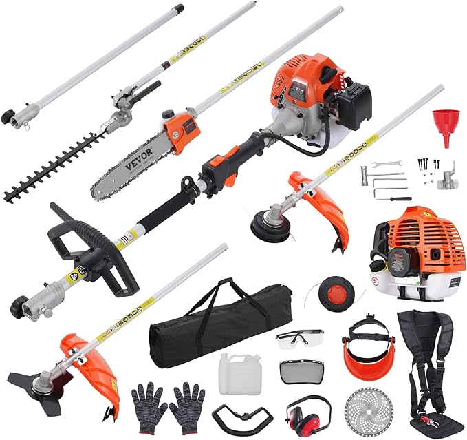 VEVOR 43cc 6-in-1 Multi-Functional Trimming Tool, Hedge Trimmer, Weed Eater, String Trimmer, Brush Cutter, Edger, Pole Saw Chainsaw Pruner with Extension Pole, w/EPA, CE and EMC Certification