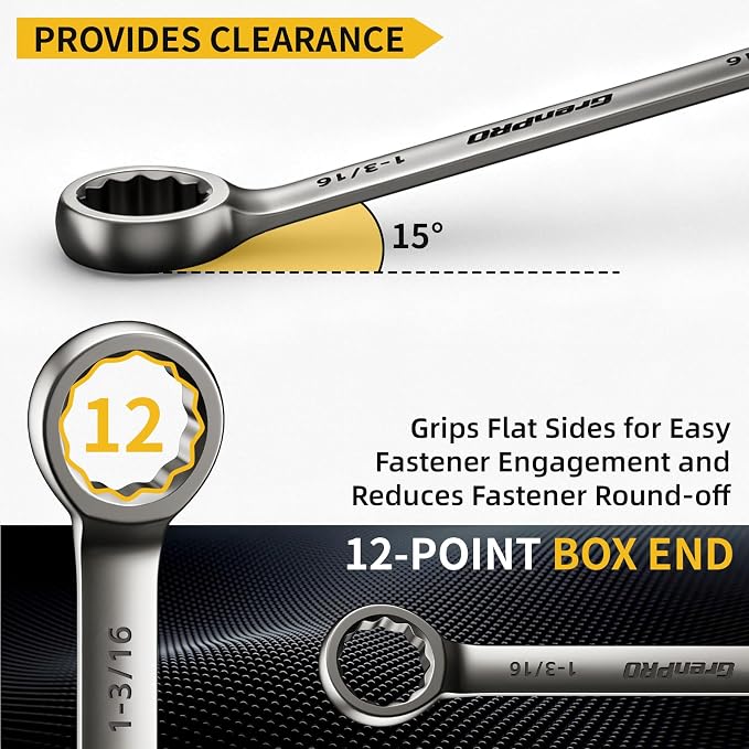 GRENPRO 15/16"-1-1/4" Large SAE Wrench Set, Combination Open End Tool Sets | Long Wrench Tool Set, 15-Degree Offset, 12-Point Box-End & Roll-Up Pouch With Gauge, Nickel Plated CR-V, Convenient Storage