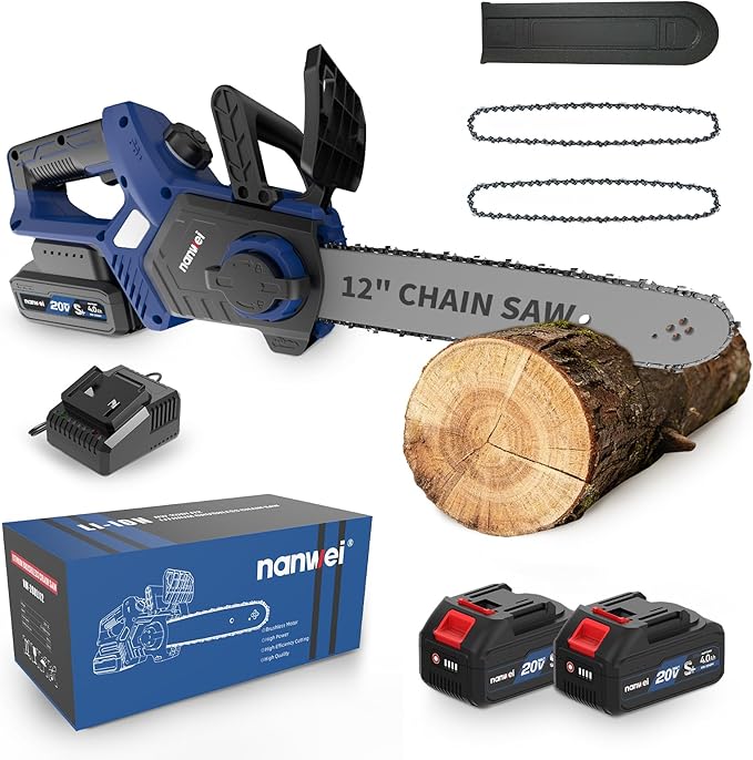 NANWEI Battery Chainsaw 12 inch, Brushless Motor, 2 x4.0Ah Batteries and Charger, Auto Oiling, Tool-Less Adjustment, Battery Powered Chainsaw For Wood,Tree Cutting (With Batteries)