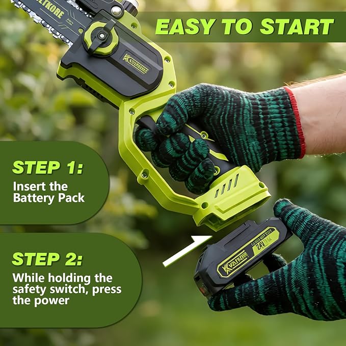Mini Chainsaw 8 Inch & 6 Inch Bar, Electric Small Chainsaw Battery Powered | 2-Battery & 3-Chain, One Hand Operation, Brushless, Auto Oiler, Lightweight Handheld Chainsaw for Women and Beginners, Green