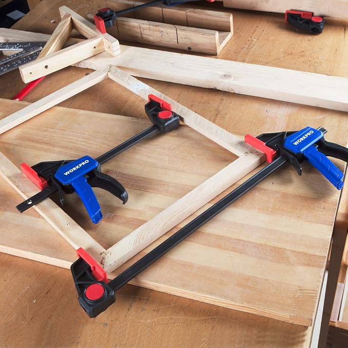 WORKPRO Bar Clamps for Woodworking, 6-Pack One-Handed Clamp/Spreader, 6-Inch (4) and 12-Inch (2) Wood Clamps Set, Light-Duty Quick-Change F Clamp with 150 lbs Load Limit Blue
