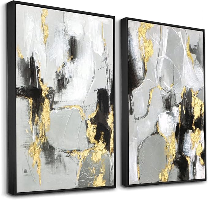 Zessonic Black and Gold Abstract Wall -Art Decor- 2 Pack 16 x 24 inches Black and White Canvas Wall Decor with Gold Foil for Living Room, Bedroom, Office, Framed, Ready to Hang