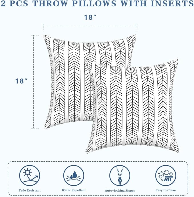 LVTXIII Outdoor/Indoor Throw Pillows, Decorative Throw Pillows with Inserts, 18”x18” Square Pillows for Bed, Couch, Sofa and Patio Furniture (Set of 2, Herringbone White)