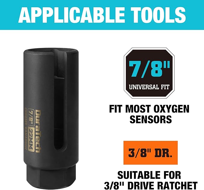 DURATECH O2 Oxygen Sensor Socket 3/8" Drive x 7/8"(22mm), Oxygen Sensor Remover Tool Chrome-Vanadium Steel with Side Wire Gate, O2 Removal and Installation