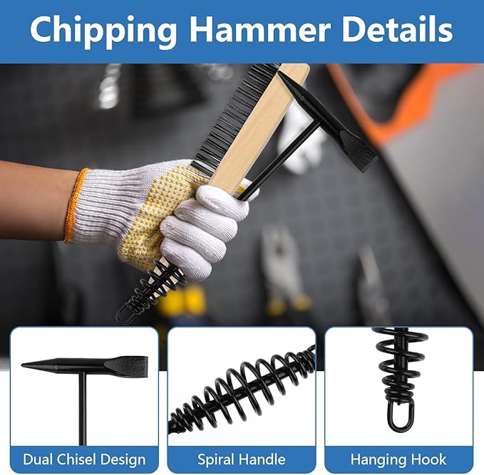 3 Pack Welding Chipping Hammer and Wire Brush Set – 1 Pcs 11" Hammer with Coil Spring Handle, Cone and Vertical Chisel and 2Pcs 9.8" Stainless Steel Brush for Slag, Spatter, Residue Removal