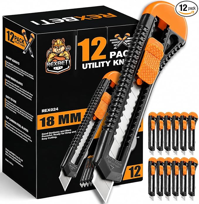 REXBETI 12-Pack Utility Knife, Retractable Box Cutter for Cartons, Cardboard and Boxes, 18mm Wider Razor Sharp Blade, Smooth Mechanism, Perfect for Office and Home use
