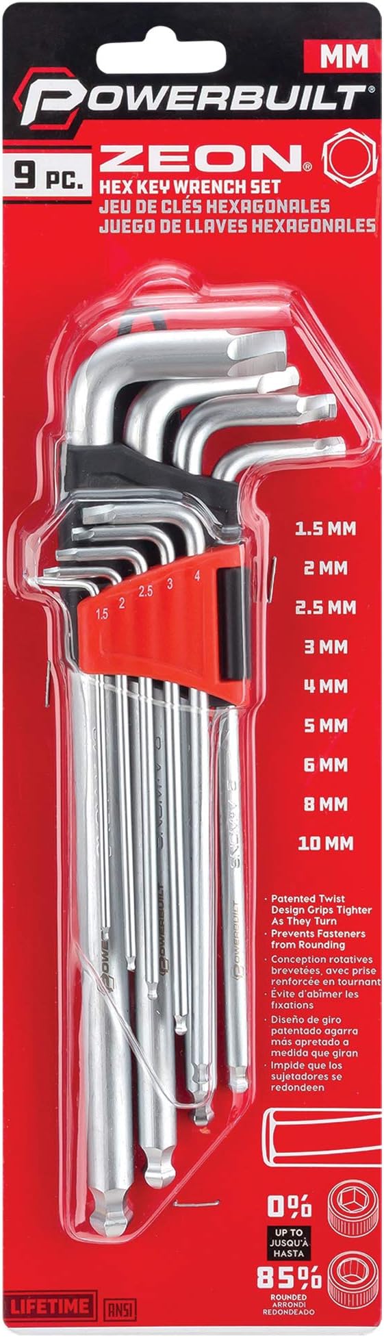 Powerbuilt 9 Piece Metric Hex Key Wrench Set for Damaged Fasteners, Standard, Grip Rusted, Rounded Bolts, Sizes 1.5mm to 10mm, Extra-Long L-Handles with Ball Ends - 240095