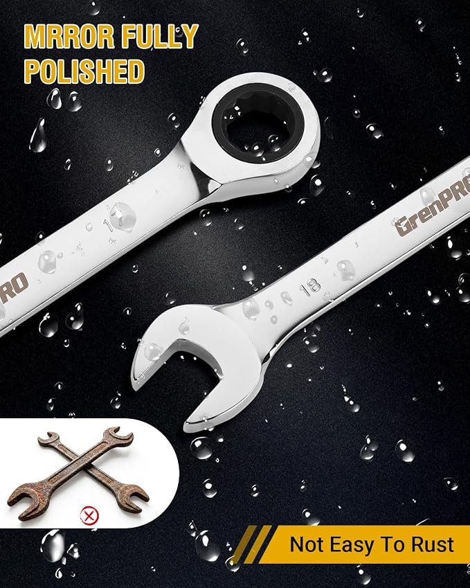 GRENPRO 12 Piece Combination Ratchet Wrench Set with Gauge, Metric Sizes 6-18mm, 72-Tooth Gear Design, CR-V Steel, Organizer Carry Box