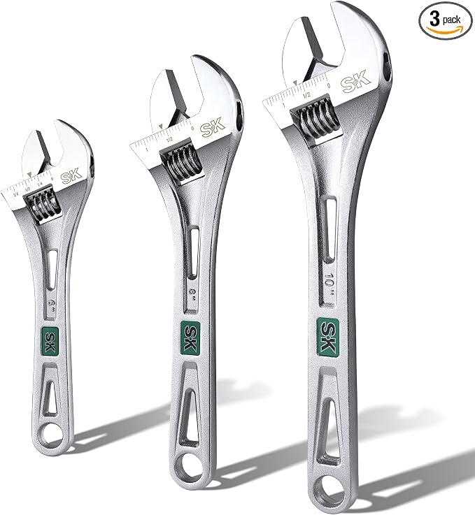 SK 3-Piece Adjustable Wrench Set, 6", 8", 10", SAE & Metric Scales | X-Frame Handle, Precision Jaw, Heat Treated CR-V Steel, Chrome-Plated Rust Resistant Finish