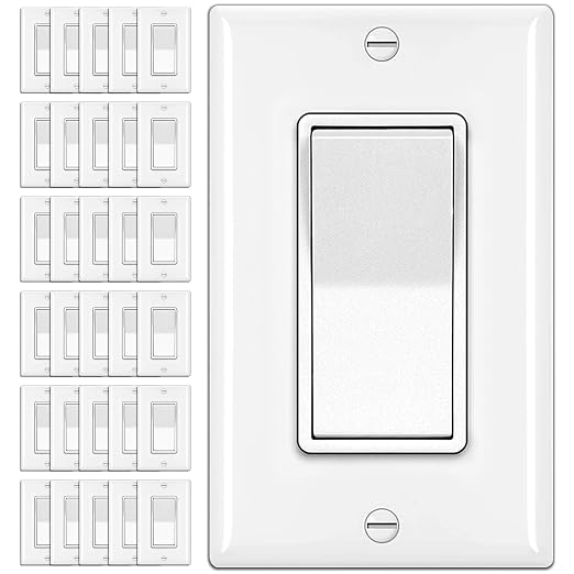 BESTTEN 30 Pack 3-Way Decorator Wall Light Switch with Wallplate, 15A 120V/277V, Single Pole or Three Way, On/Off Rocker Paddle Wall Switch, 3 Wire, Residential and Commercial Grade, UL Listed, White