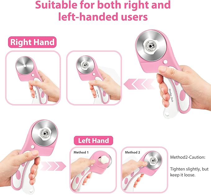 Headley Tools Rotary Cutter 60mm Upgraded with Bearing Design for Smoother and deeper cutting, Ergonomic Handle Rolling Cutter with Safety Lock for Fabric, Fabric, Leather, Crafting, Sewing, Pink