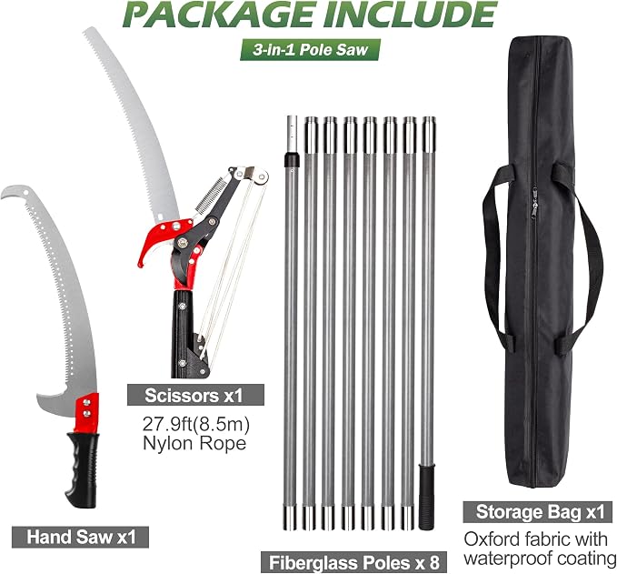 Walensee Pole Saws for Tree Trimming, Extendable Tree Pruner,Manual Branch Timmer with Blade and Scissors High Branches Pruning Fiberglass Pole Pruner and Cutter Garden Tool with Storage Bag 7.2-27FT