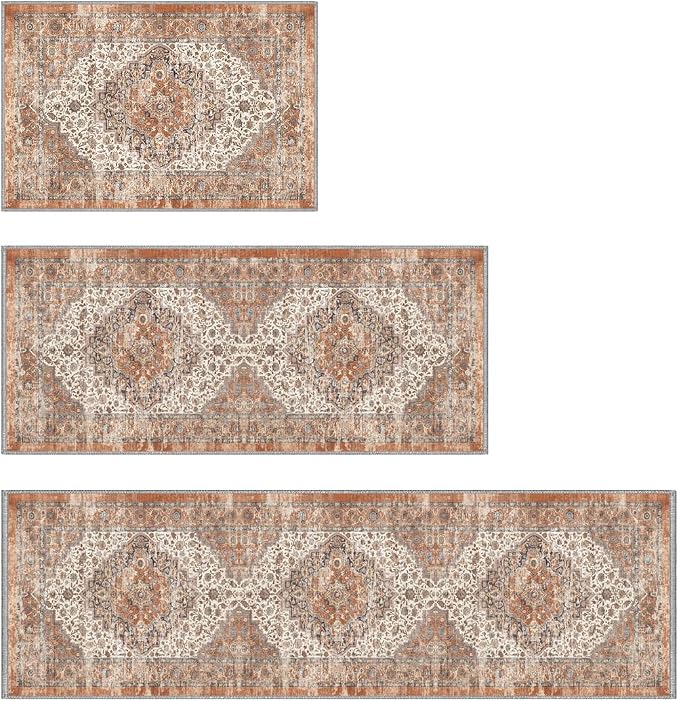Color&Geometry Vintage Kitchen Rugs Sets of 3, Machine Washable 4mm Ultra Thin Stain Resistant Kitchen Floor Mats, Non Slip TPE Backing Runner for Sink,Hallway,Laundry,Entryway (2x3+2x5+2x7)