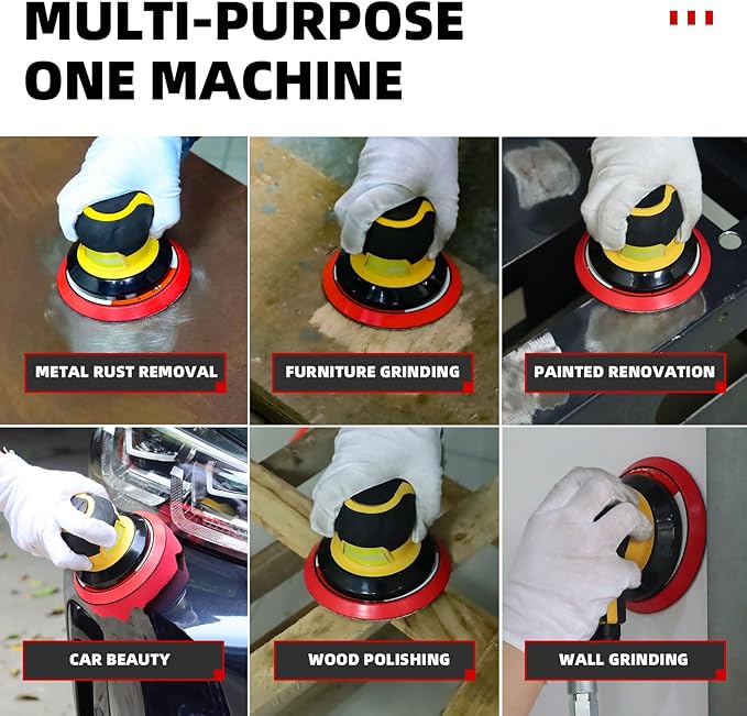 Low noise 5/6 Inch DA Sander for Auto Body - Lightweight, Powerful random orbital air sanders, Noise Reduction Design pneumatic sander (5 inch with 12 pcs Sandpaper)