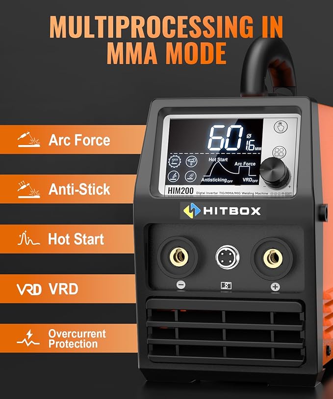 HITBOX 140A MIG Welder 110V/220V, Flux Core Welder/Stick ARC/Lift Tig/Spool Gun 4 in 1 Gasless Mig Welding Machine with LCD Display Synergy Dual Voltage IGBT Inverter Welder (HIM200)